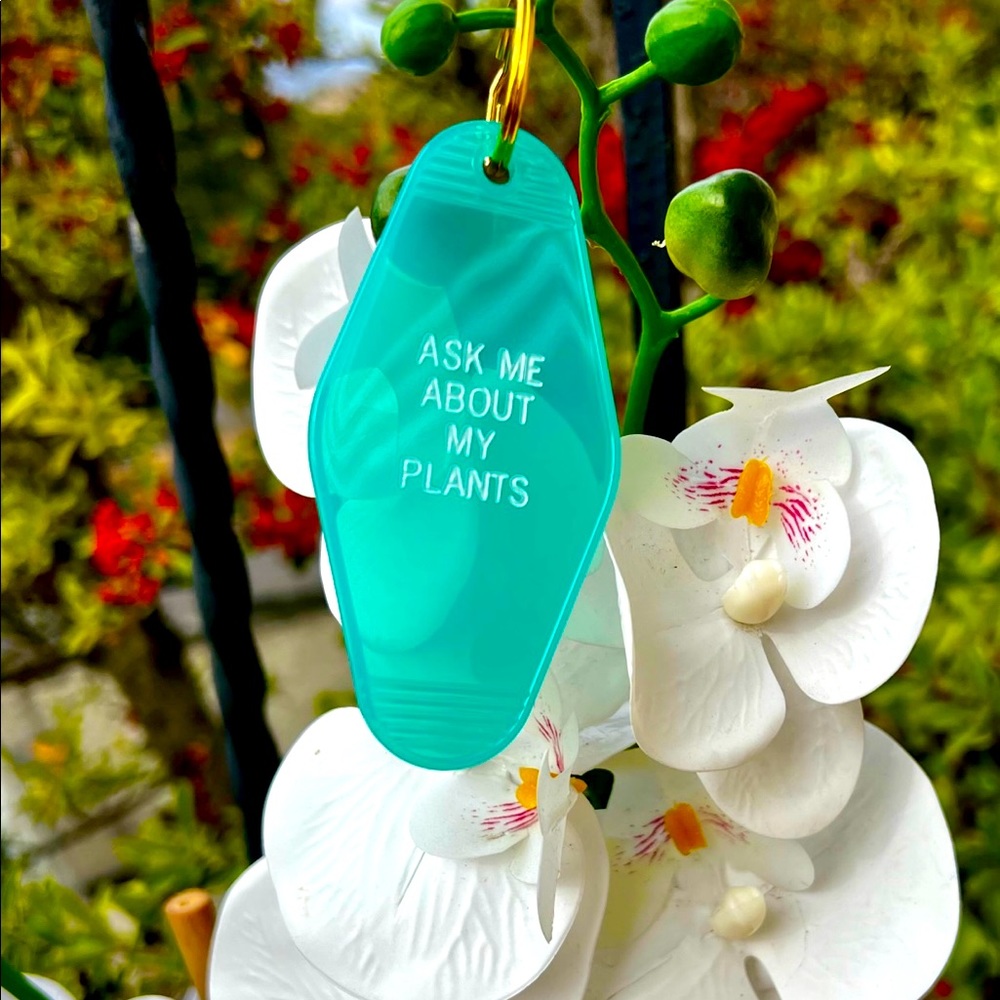 Ask me about my Plants Vintage Hotel Style Keychain